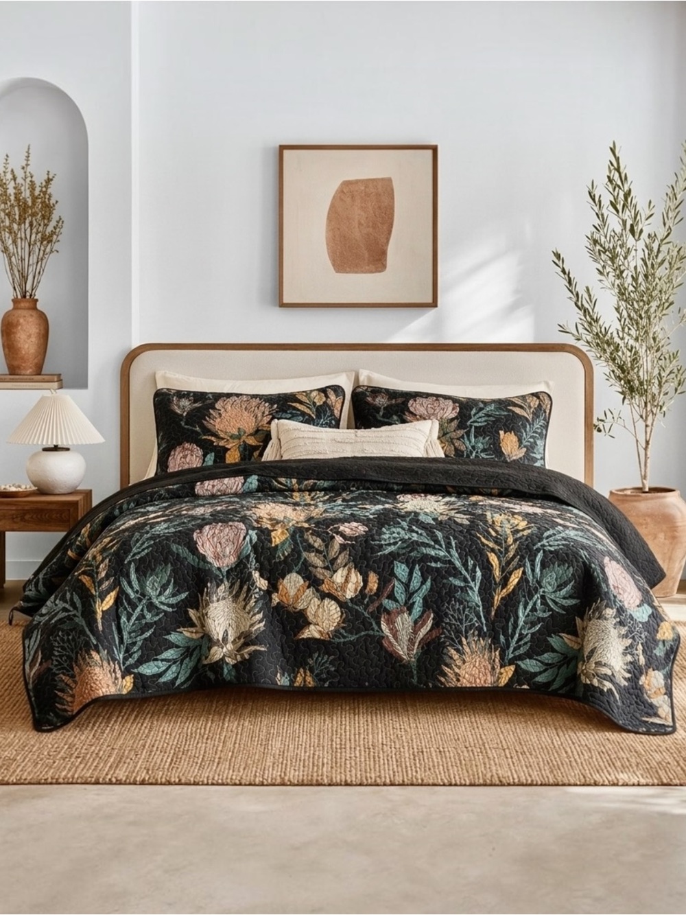 NEW Anthropologie Queen / King Black Reversible Quilt Bedspread Bedding Sham Set
